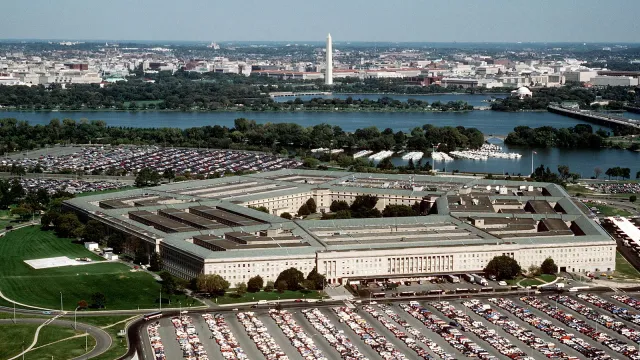 The Pentagon looking northeast, with the Potomac River and the Washington Monument in the distance. Department of Defense photograph by Master Sgt. Ken Hammond, U.S. Air Force, public domain, via Wikimedia Commons.